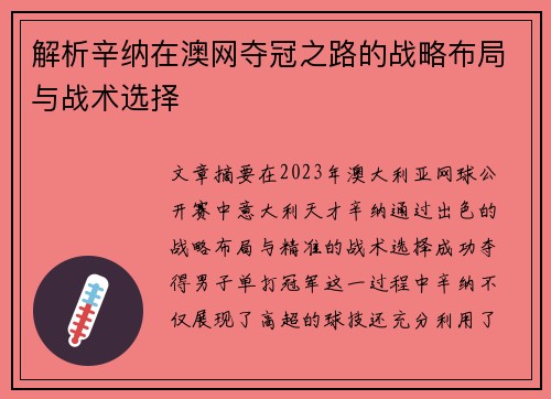 解析辛纳在澳网夺冠之路的战略布局与战术选择